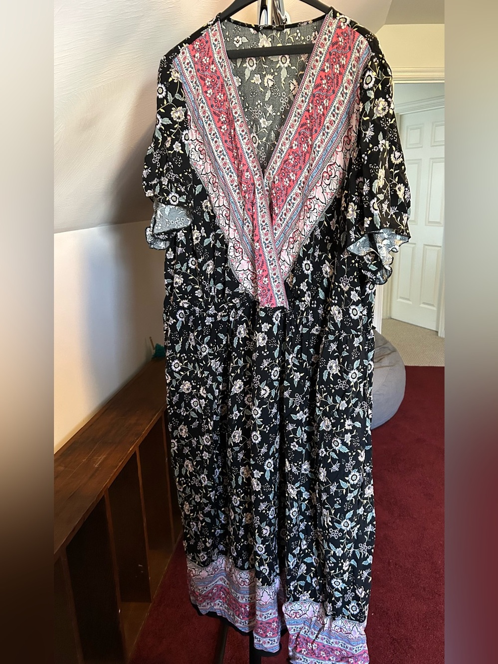 BloomChic Black Floral Maxi Dress with Pink V-Neck Trim
